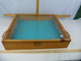 Wood & glass display case, hinged top, latch, handles on sides