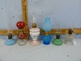 6 Mini glass kerosene lamps with chimneys, tallest is 9-1/2