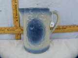 Blue & white crock pitcher, peach design, 8-1/4
