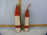 2 Red & white wooden buoys, approx 17-1/2