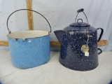 Blue spatter enamel - coffee boiler & pot with wire bail