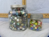 2 Glass jars with approx 644 glass marbles, various sizes