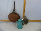 3 Items: coffee pot, hot water bottle, & skillet