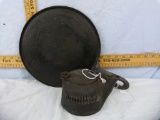 2 Cast iron items: child's tea kettle, & handled grill w/heat ring