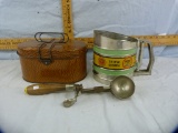 3 Items: sifter, ice cream scoop, & metal lunch pail