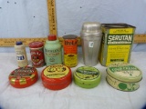 10 Containers: tins, cardboard, tin malt cup