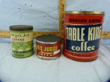 3 Coffee tins: 1 lb Mother's Joy; 1 lb Old Judge Irradiated, & 5 lb Table King