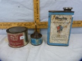 3 Tins: Maytag - one qt Multi-Motor oil, oil can (faded), 1 pound Wringer Grease