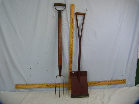 Child size 33-1/4" wooden shovel & 36-1/2" 3-prong hay fork