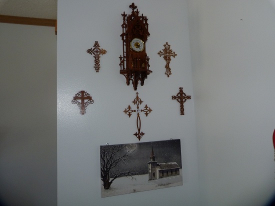 Intricately cut - battery operated clock & 5 wooden crosses & church scene picture.