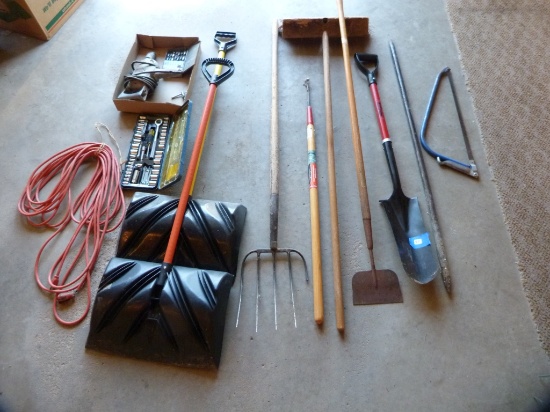 (12) Tools:  drill w/bits, rachet set, shovels, fork, breaker bar, ext. cord, etc.