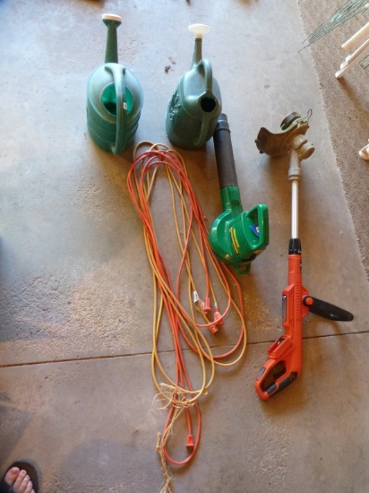 (6) B&D weed trimmer, Weed Eater Ground Sweep, 2 ext. cords, & 2 watering cans