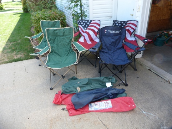 (5) folding arm chairs (all with bags) - 2 matching green, 2 USA, 1 County Bank