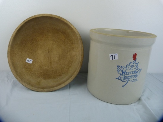 (2) - 2 gallon Western crock w/crack & 12-1/2" diameter wooden bowl
