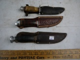 (3) hunting knives with leather sheaths - AOM