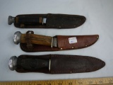 (3) hunting knives with leather sheaths - AOM