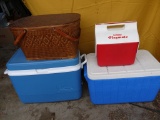 Picnic basket, Coleman cooler, Rubbermaid cooler, & Igloo Playmate cooler