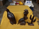 (4) carvings: eagle, California quail, roadrunner w/cactus, & lg California quail (top broken off)