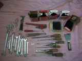 Assortment of screws & screwdrivers, putty knives, square, wrenches, & monkey wrench