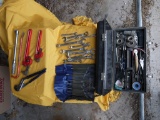 Plastic tool box with box & open end wrenches, pry bar, Blue Line punch set, etc
