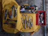 Tool box with vise grips, cresent wrench, electrical items, etc