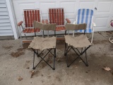 Lawn chairs: (2) redwood slat, (2) Ford Windstar folding, & (1) other