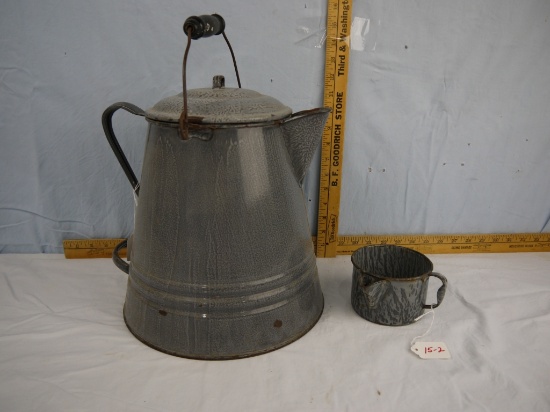 (2) grey enamel pieces: 3" tall cup with strainer/spout & coffee boiler