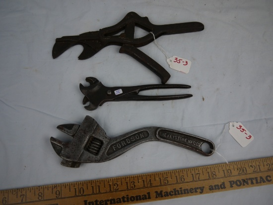 (3) tools: Fordson 10 inch No. 80, fencing pliers, spring loaded cutter