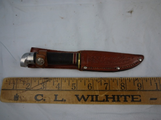 Western Boy Scout knife with leather wrapped handle and leather sheath, 7-5/8" L