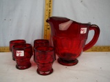 Ruby thumbprint water pitcher and tumblers - pitcher has amberina base