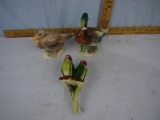 (3) pottery figures: 2 parakeets wall pocket, Brad Keeler mallard drake & hen