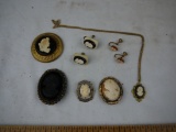 (9) pieces of cameo jewelry - pins, earrings, necklace