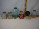 (6) glass jars: Folger's Coffee, Mason's 1858, countertop and coffee jars