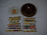 (2) ashtrays: Funks and DeKalb and 17 pencils and pens