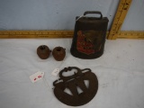 (4) bovine items: No. 2 Holstein bell (partial label), (2) Durein horn weights, & calf weener