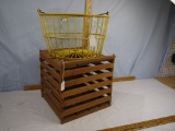 (2) - Yellow plastic coated egg basket and wooden slated egg crate