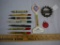 (10) items: pencils, thermometer, 1966 battery stamp, Mobil key fob