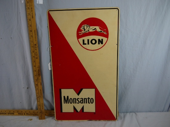Monsanto Lion metal sign, 24" x 14", some rust on bottom edge