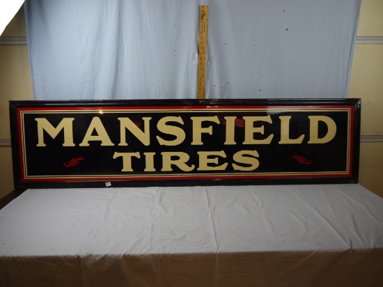 Mansfield Tires metal sign on wood frame, 72" x 18" - YOU ARRANGE SHIPPING OR PICKUP