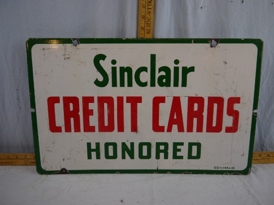 Double sided enamel Sinclair Credit Cards Honored, 23" x 14-1/4"
