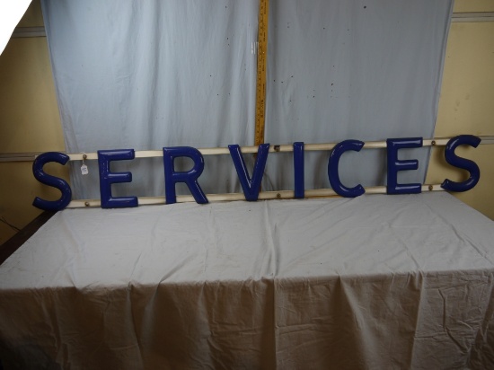 Metal "SERVICES" sign mounted on metal rails, 80" x 10" - YOU ARRANGE SHIPPING OR PICKUP