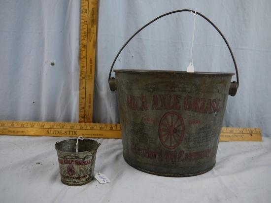 (2) Standard Oil Co, Mica Axel Grease buckets, 6-7/8" tall & 2-1/4" miniature