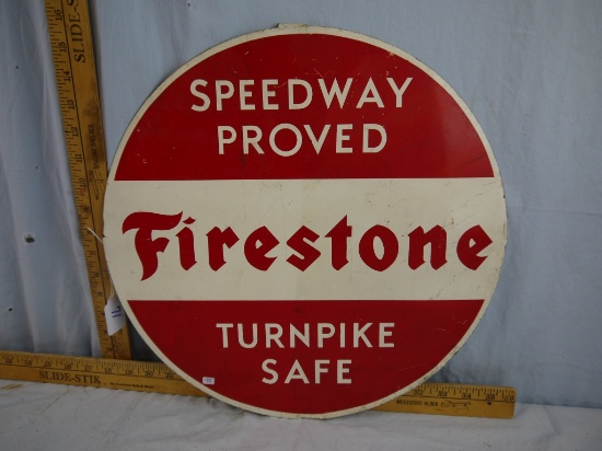 Metal Firestone fold-back tab sign, 15-3/4" diameter