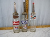 (3) Standard Oil glass oil bottles with funnels