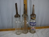 (3) Standard Oil glass oil bottles with funnels