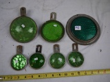 (7) green glass reflectors, one has a crack, 6