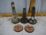 (5) items: (2) Kendall lids,  3 funnel lids (Mobiloil, The Master, unmarked)