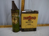 (2) empty oil cans: Texaco 1/2 gallon with attached funnel & Diamond 760 with pour spout