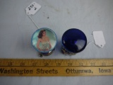 (2) steering wheel knobs, gal in polka dot swimsuit (rough on top of knob) & blue acrylic