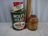 (3) Wolf's Head: one gallon oil (unopened), one lb lube (unopened) & quart jar (some residue)